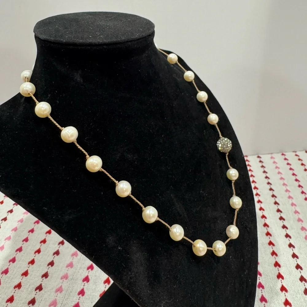 Pearl Necklace rope tied with rhinestone bead